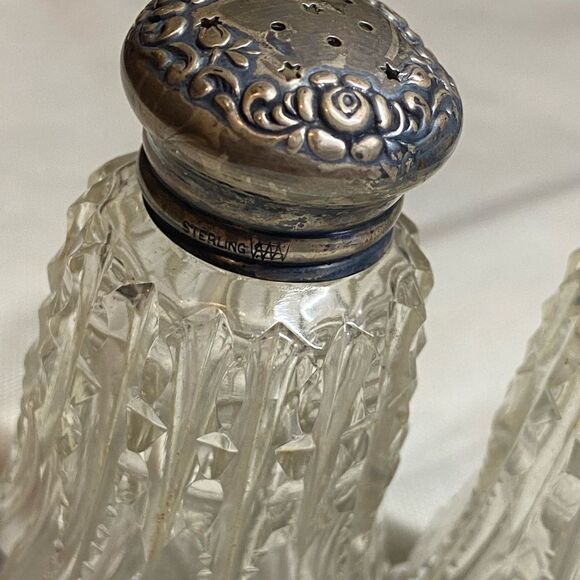 ANTIQUE CUT CRYSTAL & STERLING SILVER SALT & PEPPER SHAKERS - Picture 3 of 4